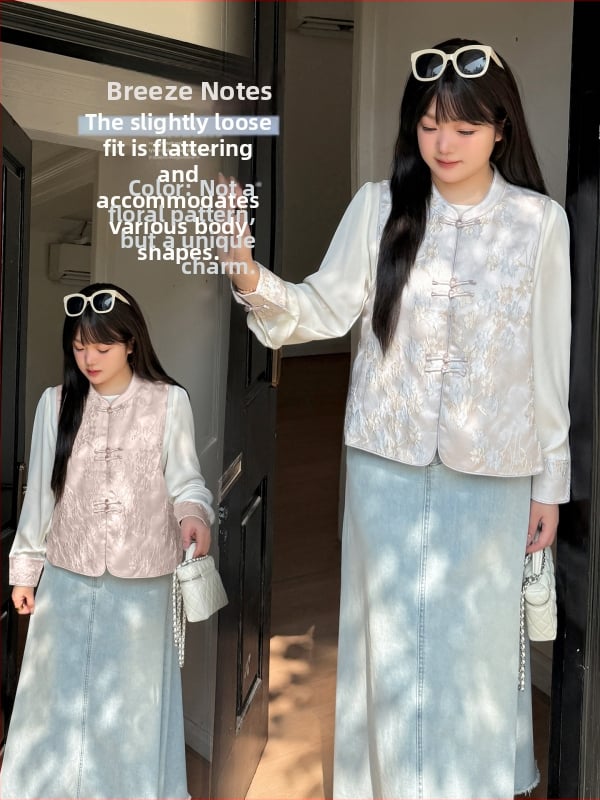Inno Plus-Size îmbrăcăminte pentru femei în stil chinezesc nou, set Jacquard vestă cu cămașă, primăvara 2026, set din două piese, cod 313073