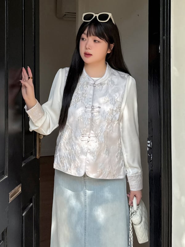 Inno Plus-Size îmbrăcăminte pentru femei în stil chinezesc nou, set Jacquard vestă cu cămașă, primăvara 2026, set din două piese, cod 313073