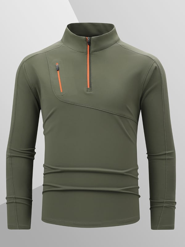 Muški T-shirt s stojećim ovratnikom, brzo se suši, s dugim rukavima, za vanjske sportove, trčanje i planinarenje, prozračan i elastičan.