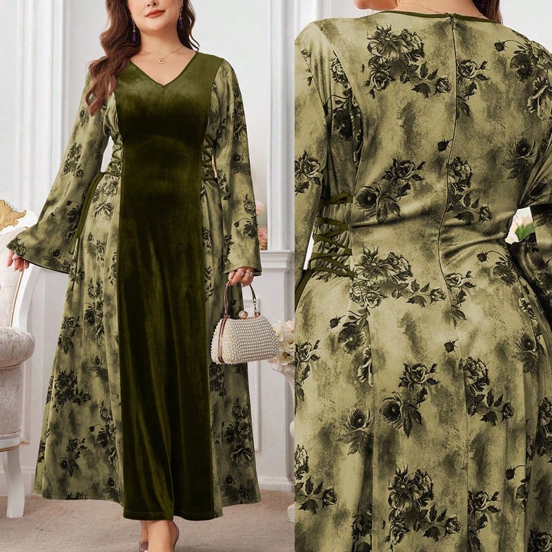 Duga haljina od baršuna s patchworkom, plus veličina, jesenja moda, elegantna i laskajuća silueta