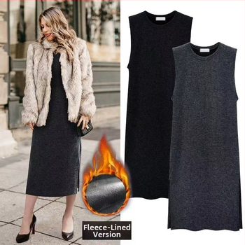 Plus veľkosť, bezrukávové šaty s fleece podšívkou na jeseň-zimu, dĺžka po kolená