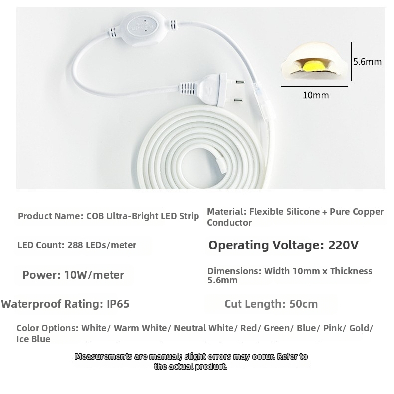 LED pás 220V, vonkajšia vodotesná, samolepiaca COB svetelná lišta pre atmosférické osvetlenie stropu v dome