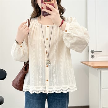 Jarné 2026, dámska košeľa z 100% bavlny s dlhými rukávmi a U výstrihom, vyšívanie, kardigán štýl, veľkosť Plus Size, kód produktu 2605