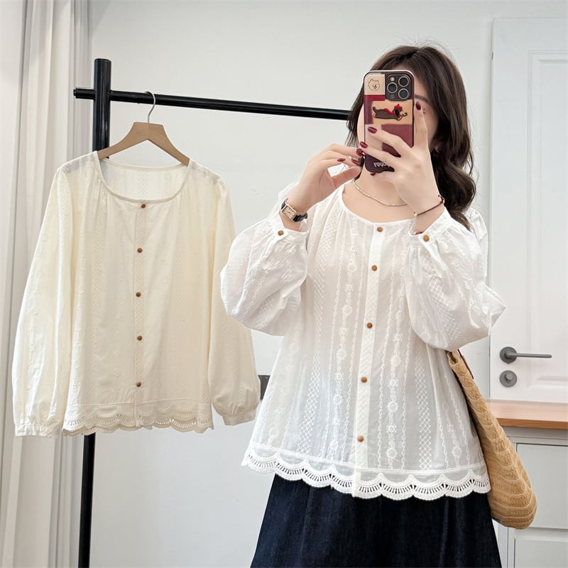 2026 tavasz, női 100% pamut ing, hosszú ujjú, U-nyak, hímzett, kardigán stílus, Plus Size, méret L, termékkód 2605