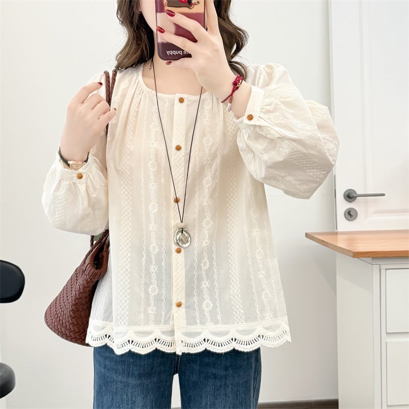 Jarné 2026, dámska košeľa z 100% bavlny s dlhými rukávmi a U výstrihom, vyšívanie, kardigán štýl, veľkosť Plus Size, kód produktu 2605