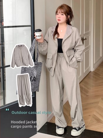 K2677 Hanorac cu glugă pentru primăvară-toamnă și pantaloni cargo, set de două piese pentru femei plus size