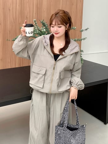 K2677 Hanorac cu glugă pentru primăvară-toamnă și pantaloni cargo, set de două piese pentru femei plus size