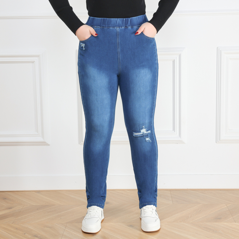 Plusz méretű női farmernadrág denimben, szakadt részletekkel, elasztikus magas derékkal, laza szabás a görbe vonalakhoz, mindennapi szűk fazonú farmer