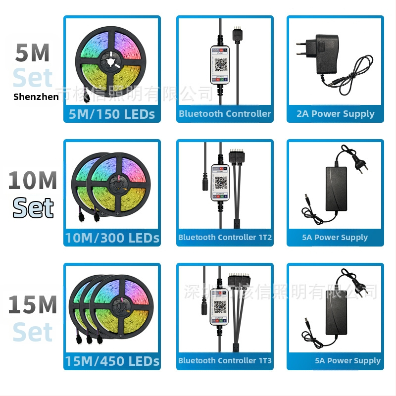 5050 LED pásik s Bluetooth aplikáciou, bezdrôtový set, epoxidovým povrchom, vodeodolný, viacfarebný, 12V, flexibilný svetelný pás so synchronizáciou s hudbou
