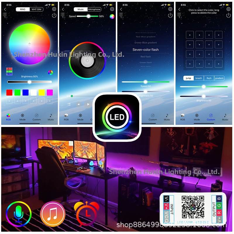 5050 LED pásik s Bluetooth aplikáciou, bezdrôtový set, epoxidovým povrchom, vodeodolný, viacfarebný, 12V, flexibilný svetelný pás so synchronizáciou s hudbou