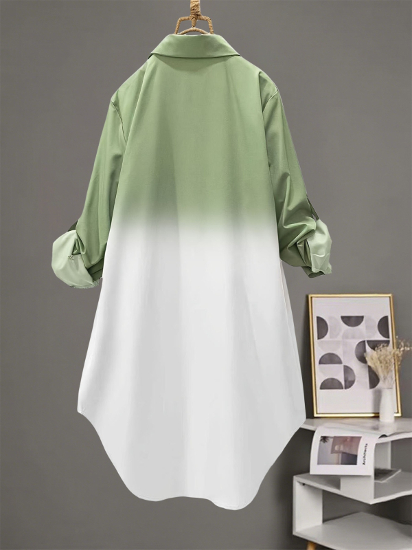 Plus‑size ženska širokog kroja bluza s dugim rukavima, gradientna boja, rever nalik ovratniku, nepravilan završetak, top u stilu jakne