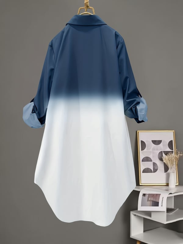 Plus‑size ženska širokog kroja bluza s dugim rukavima, gradientna boja, rever nalik ovratniku, nepravilan završetak, top u stilu jakne