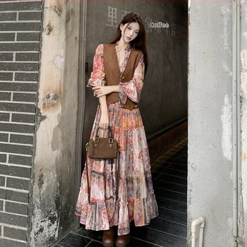 Jar 2025 Vintage kvetinový potlač chiffon maxi šaty s V výstrihom, dlhé rukávy, plisovaná sukňa – Veľkosť L