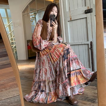 Jar 2025 Vintage kvetinový potlač chiffon maxi šaty s V výstrihom, dlhé rukávy, plisovaná sukňa – Veľkosť L