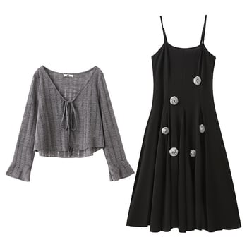 Rochie plus size cu bretele și set cardigan scurt, stil vintage elegant, poliester, fustă lungă