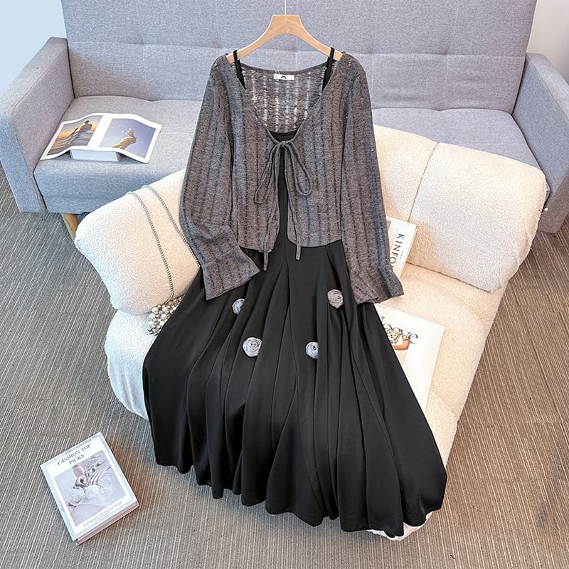 Rochie plus size cu bretele și set cardigan scurt, stil vintage elegant, poliester, fustă lungă