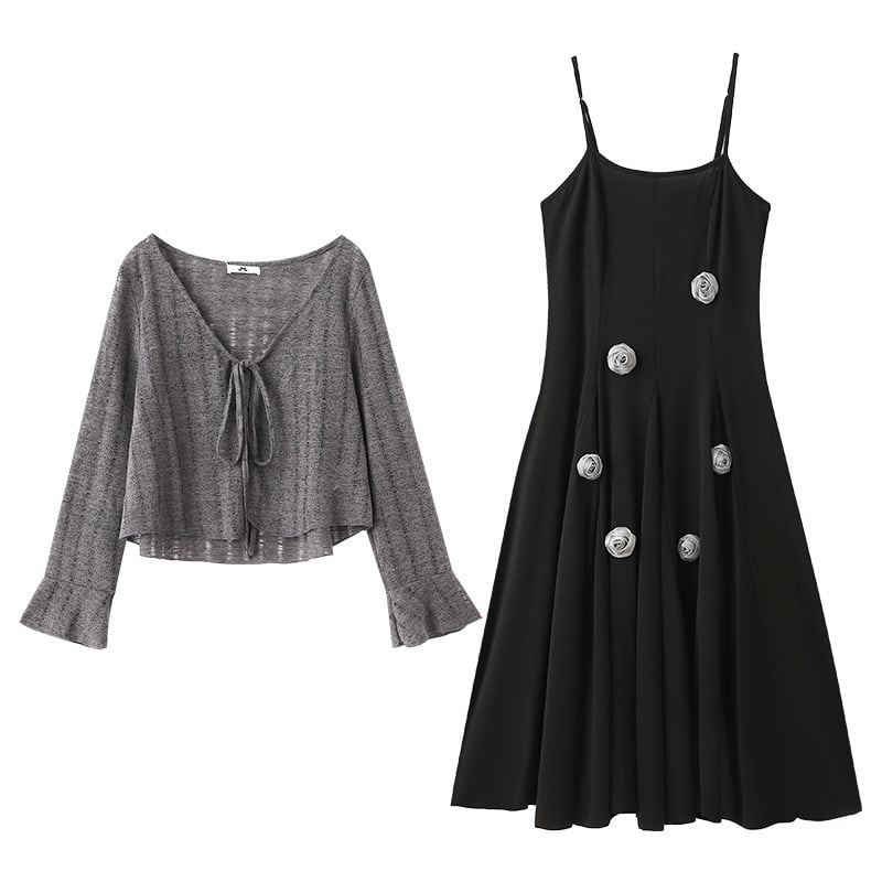 Rochie plus size cu bretele și set cardigan scurt, stil vintage elegant, poliester, fustă lungă