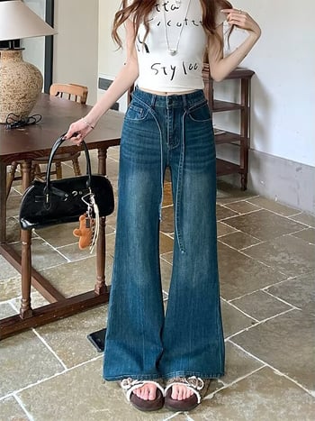 Rugalmas női farmernadrág magas derékkal, plusz méret, laza illeszkedés, széles szárú bootcut denim