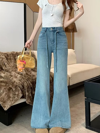 Rugalmas női farmernadrág magas derékkal, plusz méret, laza illeszkedés, széles szárú bootcut denim