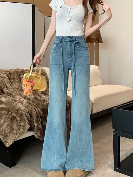 Rugalmas női farmernadrág magas derékkal, plusz méret, laza illeszkedés, széles szárú bootcut denim