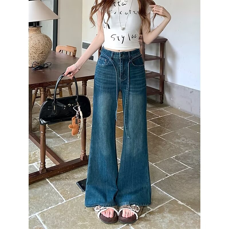 Rugalmas női farmernadrág magas derékkal, plusz méret, laza illeszkedés, széles szárú bootcut denim