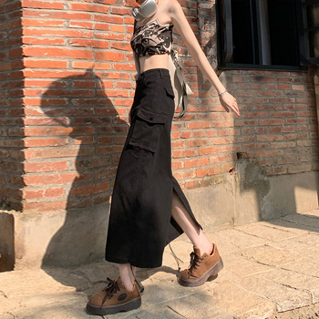 Elegantna A-linijska denim midi suknja s visokim strukom, casual školski stil, sivi džep dizajn, opuštena silueta