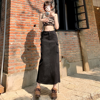 Elegantna A-linijska denim midi suknja s visokim strukom, casual školski stil, sivi džep dizajn, opuštena silueta