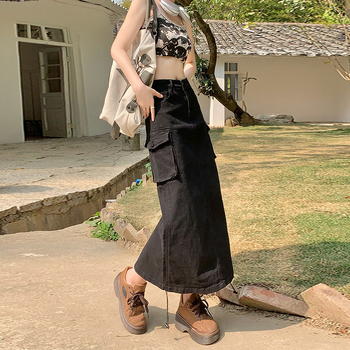 Elegantna A-linijska denim midi suknja s visokim strukom, casual školski stil, sivi džep dizajn, opuštena silueta