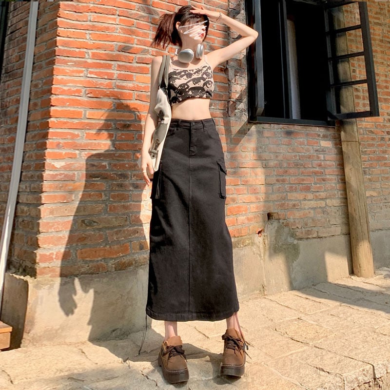 Elegantna A-linijska denim midi suknja s visokim strukom, casual školski stil, sivi džep dizajn, opuštena silueta