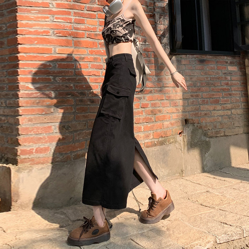 Elegantna A-linijska denim midi suknja s visokim strukom, casual školski stil, sivi džep dizajn, opuštena silueta