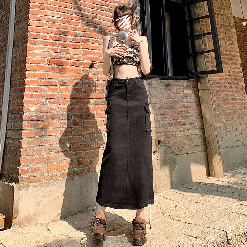 Elegantna A-linijska denim midi suknja s visokim strukom, casual školski stil, sivi džep dizajn, opuštena silueta