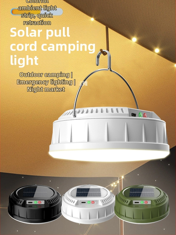 Solárna kempingová lampa s nabíjateľnými LED, vonkajší ambient a núdzové svetlo, farebné reťazové svetlá, meracia páska a úložný priestor pre lampu do stanu