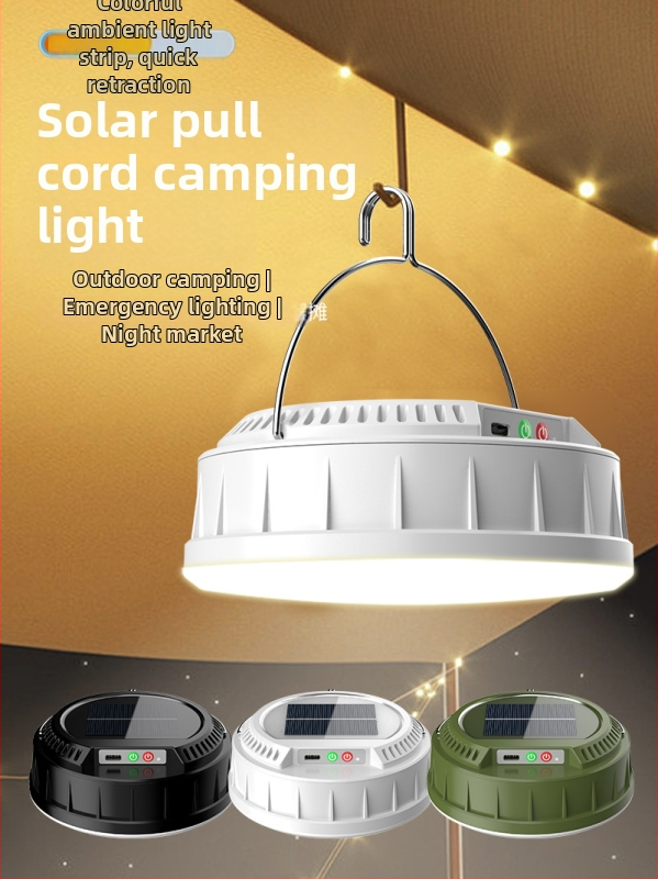 Solárna kempingová lampa s nabíjateľnými LED, vonkajší ambient a núdzové svetlo, farebné reťazové svetlá, meracia páska a úložný priestor pre lampu do stanu