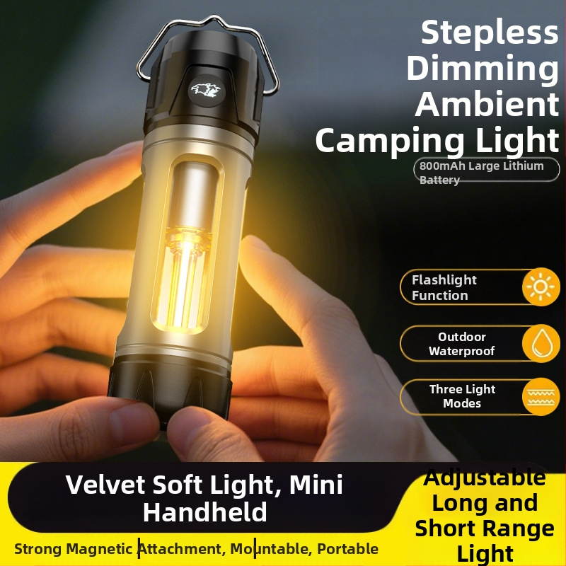 Vonkajšia viacfunkčná kempingová lampa s bezkrokovým nastavením jasu, dlhá výdrž batérie, háčik a držiak, ambientné svetlo a baterka