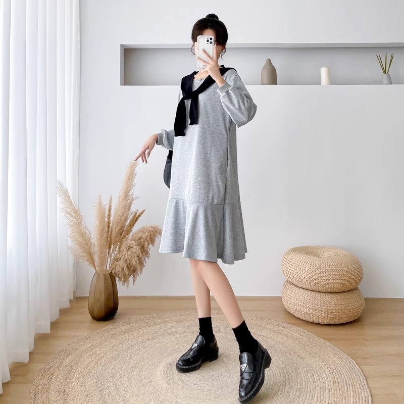 Trudnička haljina, japansko-korejski stil, srednja duljina, jesensko-zimska casual haljina
