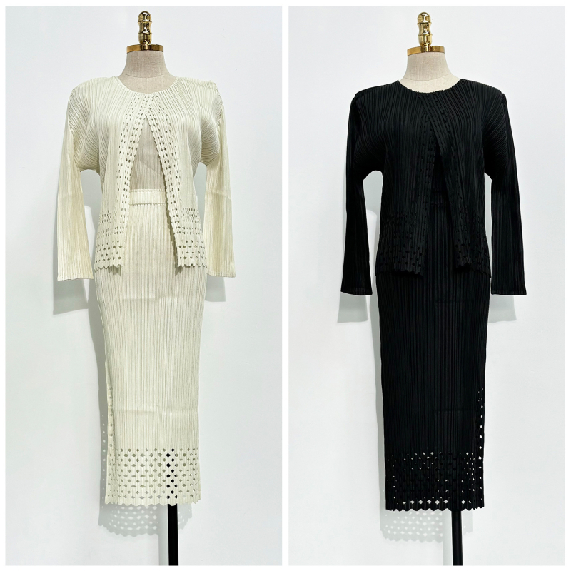 Issey Miyake inspiriran jesenski modni kostim 2025: elegantan trodijelni set s izrezima