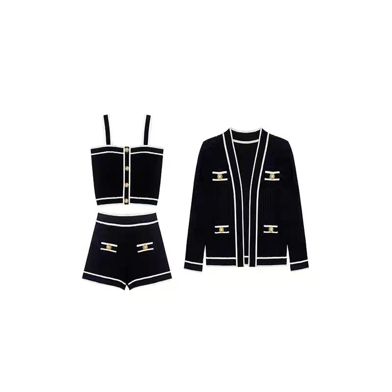 Ženski pleteni trodjelni set s kardiganom i kratkom suknjom, vintage chic hongkonški ulični stil