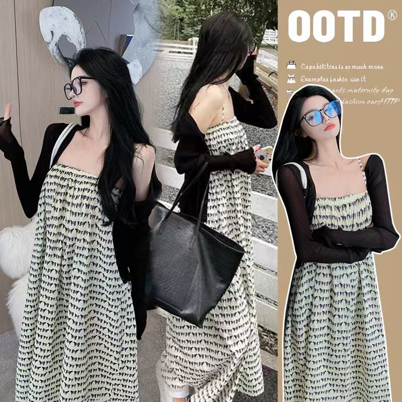 Trudnička jesenja haljina s pletenim kardiganom – dvodijelni set, srednje duljine