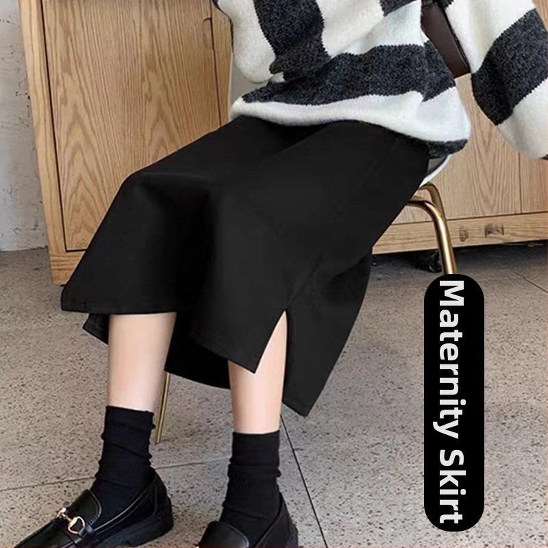 Tehotenská čierna midi sukňa s vysokým pásom, zakrýva boky, bočný rozparok, všestranná a zoštíhľujúca