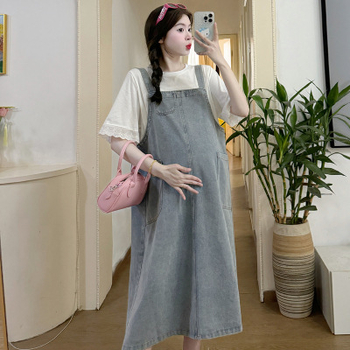 Trudnička denim haljina s naramenicama – dvodijelni set, korejski stil, ležeran kroj, srednja duljina, proljeće
