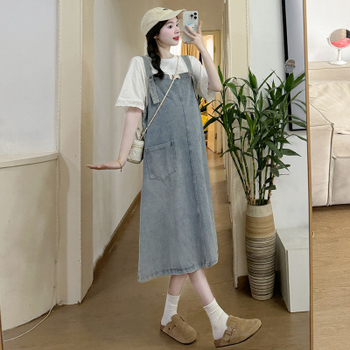 Trudnička denim haljina s naramenicama – dvodijelni set, korejski stil, ležeran kroj, srednja duljina, proljeće