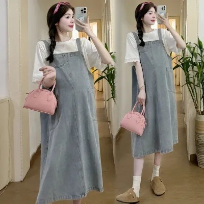 Trudnička denim haljina s naramenicama – dvodijelni set, korejski stil, ležeran kroj, srednja duljina, proljeće