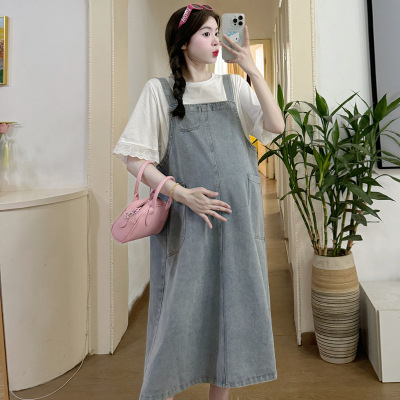 Trudnička denim haljina s naramenicama – dvodijelni set, korejski stil, ležeran kroj, srednja duljina, proljeće