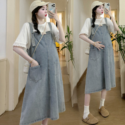 Trudnička denim haljina s naramenicama – dvodijelni set, korejski stil, ležeran kroj, srednja duljina, proljeće