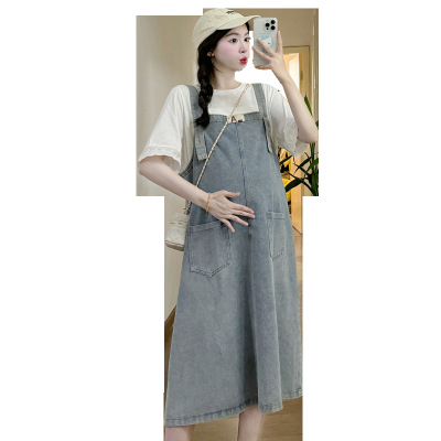 Trudnička denim haljina s naramenicama – dvodijelni set, korejski stil, ležeran kroj, srednja duljina, proljeće