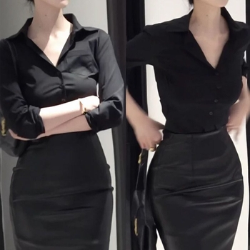 Yujie stil: Elegantni crni bluz s V-izrezom i dugim rukavima te suknja s visokim strukom – set za proljeće i jesen