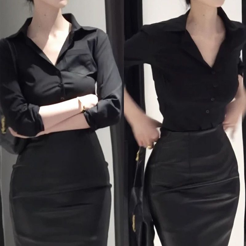 Yujie stil: Elegantni crni bluz s V-izrezom i dugim rukavima te suknja s visokim strukom – set za proljeće i jesen
