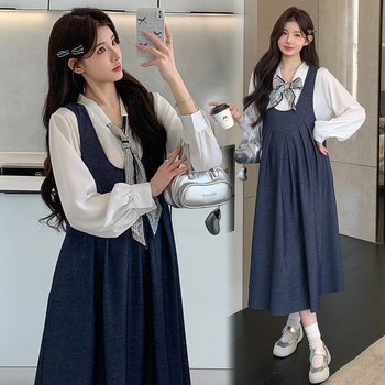 Trudnički jesenski dvodijelni set: košulja sa mašnicom i haljina bez rukava