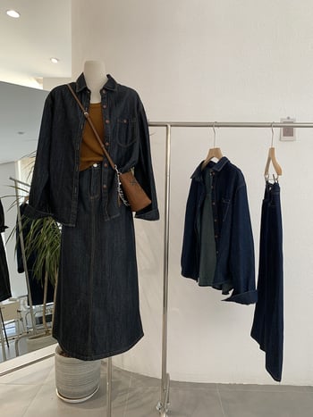 Omalai Denim košulja s reverom, dugi rukavi, srednja duljina, top + suknja, dvodijelni set