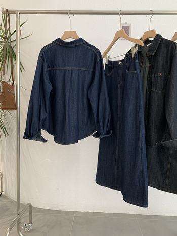Omalai Denim košulja s reverom, dugi rukavi, srednja duljina, top + suknja, dvodijelni set